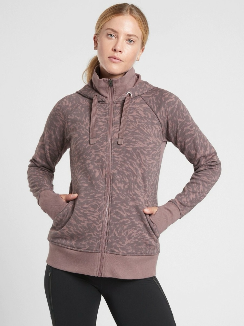 Athleta Triumph Printed Hoodie Jacket,Smoked Almond Brown- Large #511504 O061